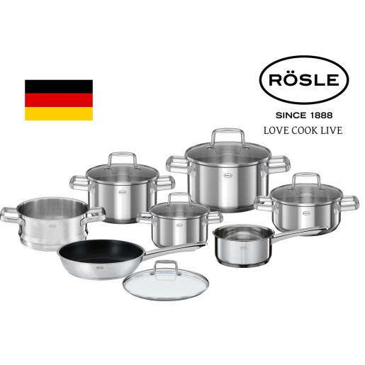 RÖSLE Set Oale 10 piese, Otel Inoxidabil 18/10 glossy "Moments" cu Cratita pentru Gatire la Abur plus CADOU: Tigaie Neaderenta 28cm cu Capac, Strat ProPlex, Inductie