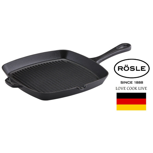 RÖSLE Grill din Fonta emailata "Sansibar" 27x27cm Inductie, cu CADOU Rasnita pentru Condimente, Lemn de Fag 17.5cm!