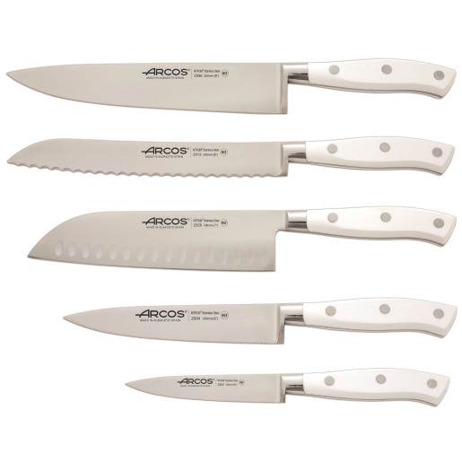 Set Promotional ARCOS "RIVIERA BLANC": Cutitul Bucatarului 200mm, Cutit Santoku 180mm, Cutit de Paine 200mm, Cutit de Bucatarie 150mm, Cutit de decojit 100mm