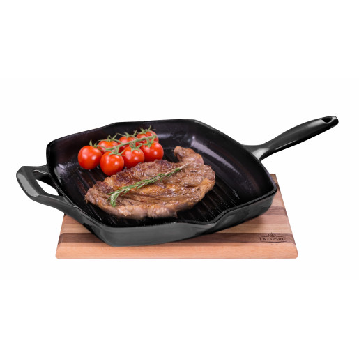 Set "LA CUISINE" Grill de fonta emailata 28x28cm + Tava de fonta emailata 32x20cm, Negru, GARANTIE PE VIATA