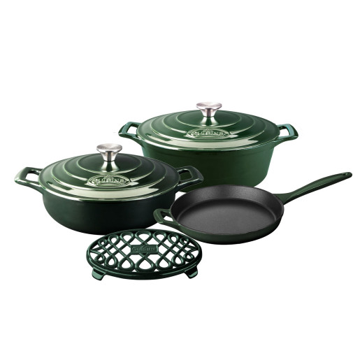 Set "LA CUISINE": Cratita Ovala de Fonta emailata Hunting Green 30cm + Grill de Fonta emailata 28x28cm Rosu, GARANTIE PE VIATA