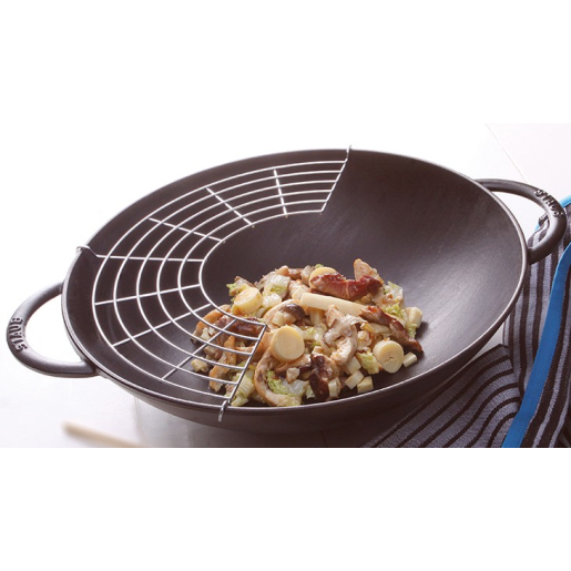 Set WOK de fonta STAUB 30cm +Capac sticla+ Paleta+ Gratar+Sticks (Negru)