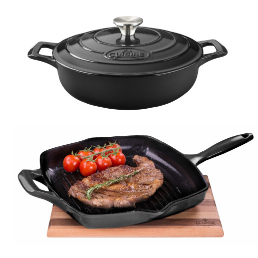  Promotie "LA CUISINE" Set Vase de Fonta Emailata:  Cratita joasa  Saute 28cm + Grill 28x28cm (Negru), Garantie pe viata