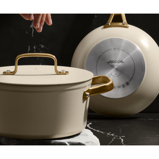 Cratita CERAMICA NEADERENTA FARA PFOA/PTFE, inclusiv INDUCTIE, ARCOS "Samoa Iconic", aluminiu forjat + Otel Inox, beige, 24cm 