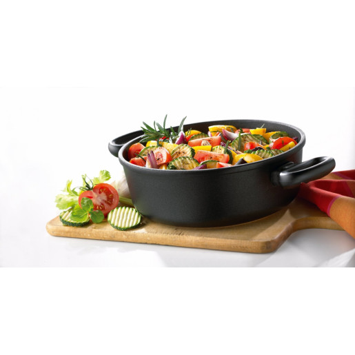 Set 3 piese pentru GATIT FARA APA (Waterless cooking): Oala Neaderenta 9mm grosime, 20x12cm, Sita Neaderenta Aburi, Capac + Termometru, AMT Gastroguss (productie Germania)