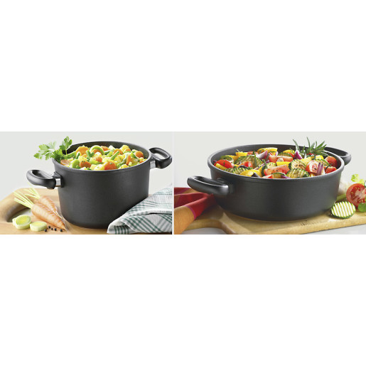 Set 3 piese pentru GATIT FARA APA (Waterless cooking): Oala Neaderenta 9mm grosime, 20x12cm, Sita Neaderenta Aburi, Capac + Termometru, AMT Gastroguss (productie Germania)