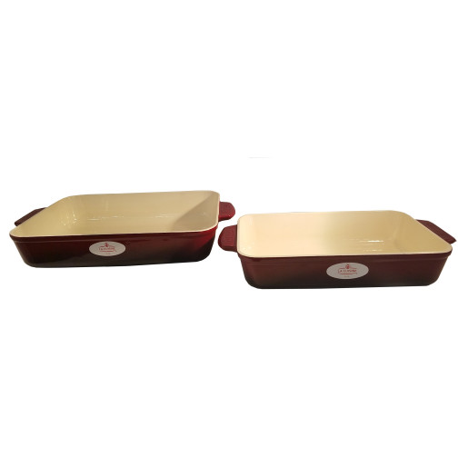 Set "LA CUISINE" Grill de fonta emailata 28x28cm + Tava de fonta emailata 32x20cm, Rosu, GARANTIE PE VIATA