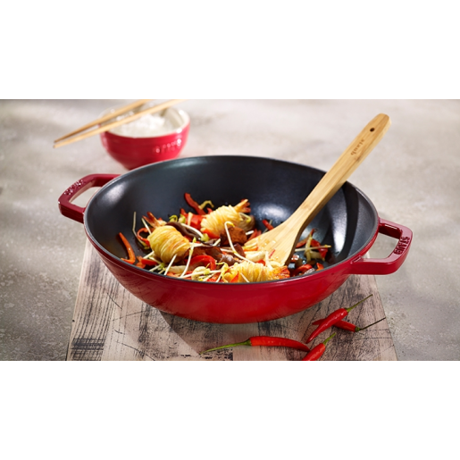 Set WOK de fonta STAUB 30cm +Capac sticla+ Paleta+ Gratar+Sticks (Negru)