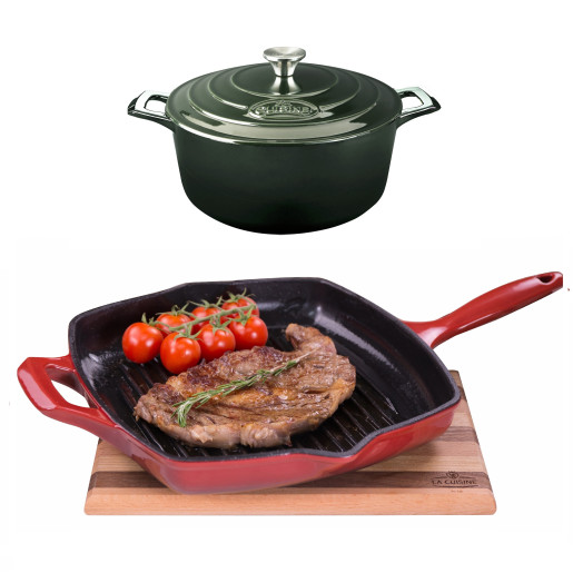 Set "LA CUISINE": Cratita de Fonta emailata Hunting Green 26cm + Grill de Fonta emailata 28x28cm Rosu, GARANTIE PE VIATA