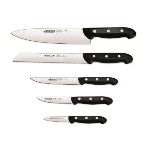 Set Promotie ARCOS Maitre 5 piese: Cutitul Bucatarului 215mm+ Cutit pentru Paine 210mm+ Cutit de Bucatarie 150mm+ Cutit pentru Legume si Fructe 105mm+ Cutit pentru Decojit 80mm