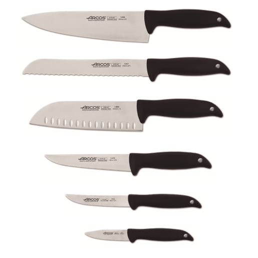 Set Promotie ARCOS Menorca 6 piese: Cutitul Bucatarului 200mm+ Cutit pentru Paine 200mm+ Cutit Santoku 180mm+ Cutit de Bucatarie 150mm+ Cutit pentru Legume si Fructe 105mm+ Cutit pentru Decojit 75mm