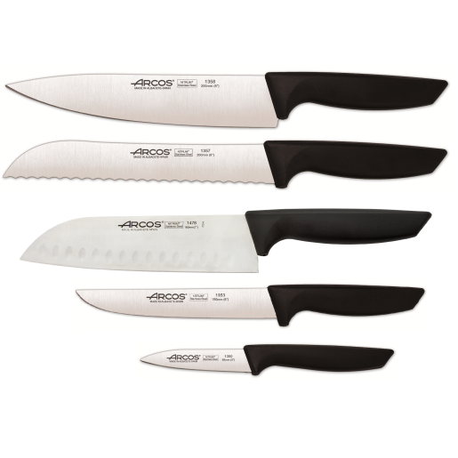 Set Promotie ARCOS Niza 5 piese: Cutitul Bucatarului 200mm+ Cutit de Paine 200mm+ Cutit Santoku 180mm+ Cutit de Bucatarie 150mm+ Cutit pentru Decojit 83mm