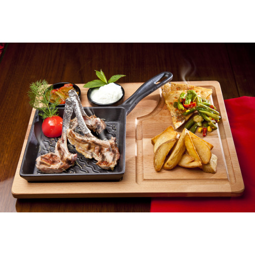 Set SILVER Tigaie GRILL de fonta 16x16cm + suport lemn + castronase pentru sosuri