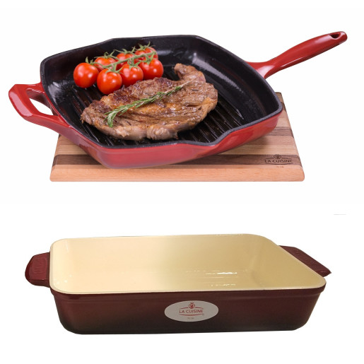 Set "LA CUISINE" Grill de fonta emailata 28x28cm + Tava de fonta emailata 32x20cm, Rosu, GARANTIE PE VIATA