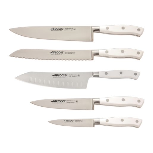 Set Promotional ARCOS "RIVIERA BLANC": Cutitul Bucatarului 200mm, Cutit Santoku 180mm, Cutit de Paine 200mm, Cutit de Bucatarie 150mm, Cutit de decojit 100mm