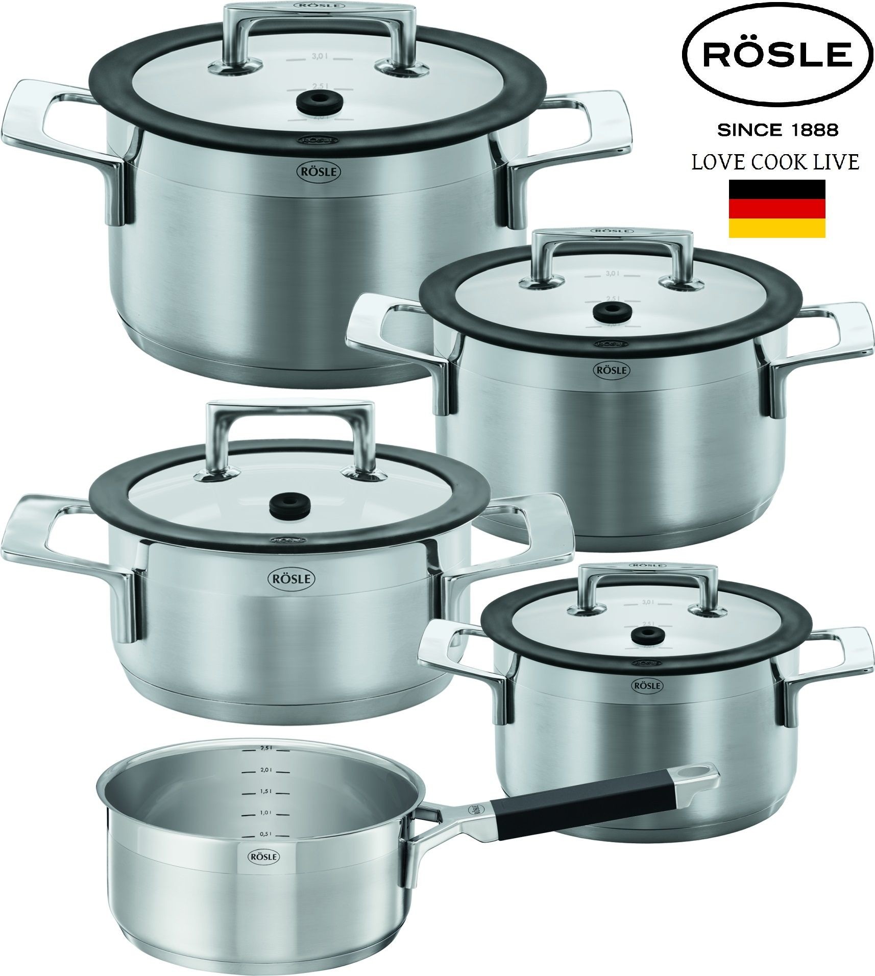 Rosle Set Oale 9 Piese Cu Capace Otel Inoxidabil 18 10 Silence 20 Ani Garantie Chefmania Ro