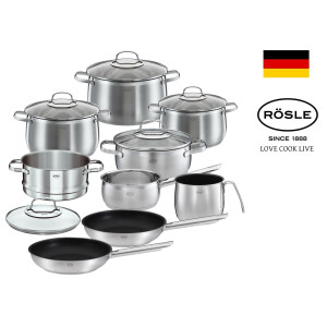 RÖSLE Set Oale 14 piese, Otel Inoxidabil 18/10 " Elegance Globe" cu Cratita pentru Gatire la Abur plus CADOU: Tigai Neaderente 28cm +24cm, Strat ProPlex, Inductie