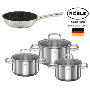 RÖSLE Set Oale 5 piese cu Capace, Otel Inoxidabil 18/10 "Moments" + CADOU Tigaie Neaderenta "Stone", 24cm