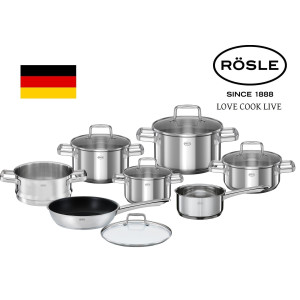 RÖSLE Set Oale 10 piese, Otel Inoxidabil 18/10 glossy "Moments" cu Cratita pentru Gatire la Abur plus CADOU: Tigaie Neaderenta 28cm cu Capac, Strat ProPlex, Inductie