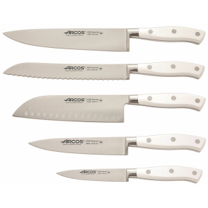 Set Promotional ARCOS "RIVIERA BLANC": Cutitul Bucatarului 200mm, Cutit Santoku 180mm, Cutit de Paine 200mm, Cutit de Bucatarie 150mm, Cutit de decojit 100mm