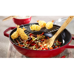 Set WOK de fonta STAUB 30cm +Capac sticla+ Paleta+ Gratar+Sticks (Rosu)