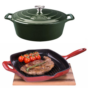 Set "LA CUISINE": Cratita Ovala de Fonta emailata Hunting Green 30cm + Grill de Fonta emailata 28x28cm Rosu, GARANTIE PE VIATA