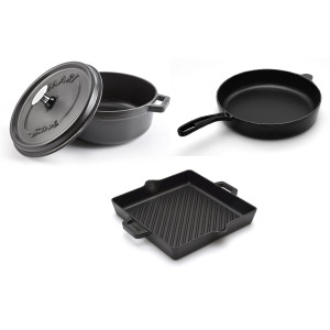 SET Promotional SILVER: Grill de Fonta 26x26cm + Cratita de Fonta cu Capac 26cm + Tigaie de Fonta 24cm, Negru