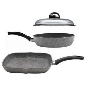 Set Promotional Tigaie GRILL 28cm + Tigaie Adanca 24cm cu Capac, NEADERENTE (fara PFOA), 5 ANI GARANTIE, BALLARINI "CORTINA GRANITIUM"