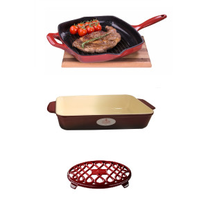  Promotie "LA CUISINE" Set Vase de Fonta Emailata: Tava 34x26cm + Suport Oval 26x18cm + Grill 28x28cm (Rosu), Garantie pe viata