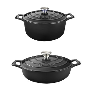  Promotie "LA CUISINE" Set Vase de Fonta Emailata:  Cratita joasa  Saute 28cm + Oala de fonta emailata 26cm (Negru), Garantie pe viata