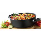 Set 3 piese pentru GATIT FARA APA (Waterless cooking): Oala Neaderenta 9mm grosime, 20x12cm, Sita Neaderenta Aburi, Capac + Termometru, AMT Gastroguss (productie Germania)