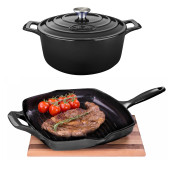 Set "LA CUISINE": Cratita de Fonta emailata 26cm + Grill de Fonta emailata 28x28cm Negru, GARANTIE PE VIATA