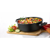 Set 3 piese pentru GATIT FARA APA (Waterless cooking): Oala Neaderenta 9mm grosime, 20x12cm, Sita Neaderenta Aburi, Capac + Termometru, AMT Gastroguss (productie Germania)