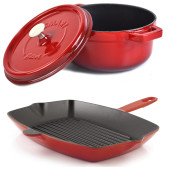 SET Promotie SILVER: Grill de Fonta 32x26cm + Cratita de Fonta cu Capac 26cm, Rosu