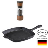 RÖSLE Grill din Fonta emailata "Sansibar" 27x27cm Inductie, cu CADOU Rasnita pentru Condimente, Lemn de Fag 17.5cm!