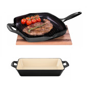 Set "LA CUISINE" Grill de fonta emailata 28x28cm + Tava de fonta emailata 32x20cm, Negru, GARANTIE PE VIATA