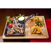 Set SILVER Tigaie GRILL de fonta 16x16cm + suport lemn + castronase pentru sosuri